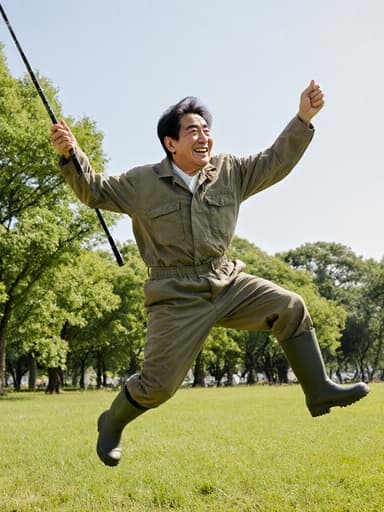 50대 한국인 남성이 어업용 작업복과 고무 장화를 입고, 낚싯대를 들고 점프하며 즐거운 표정을 짓고 있는 전신 사진. 배경은 푸른 나무와 잔디로 가득한 공원으로, 맑은 여름 날씨가 느껴집니다.