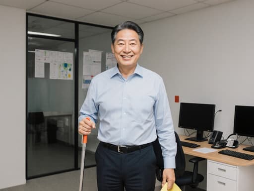 50대 한국 남성의 반신 사진으로, 자연스러운 외모를 지닌 그가 청소 도구를 들고 사무실 바닥을 청소하며 편안하게 미소 짓고 있습니다. 배경은 컴퓨터와 책상이 배치된 정돈된 사무실로, 따뜻하고 전문적인 분위기를 만들어냅니다.