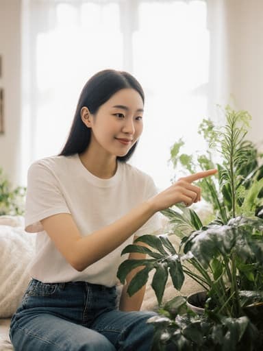 이 이미지는 아늑한 거실에서 편안한 티셔츠와 청바지를 입은 10대 후반의 동양인 여성 모델을 보여줍니다. 그녀는 자연스러운 모습을 하고 있으며, 차분하고 친근한 표정을 지으며 식물을 가리키는 제스처를 취하고 있어 창문을 통해 들어오는 자연광이 따뜻하고 초대하는 분위기를 만들어냅니다.