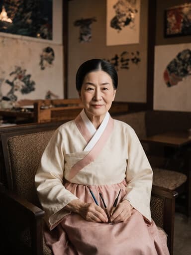 전통적인 한복을 입은 70대 아시아계 여성의 차분한 반신 사진으로, 아늑한 카페의 소파에 앉아 공예 도구를 들고 있습니다. 배경에는 전통 공예 작품들이 장식되어 따뜻하고 초대하는 분위기를 연출합니다.