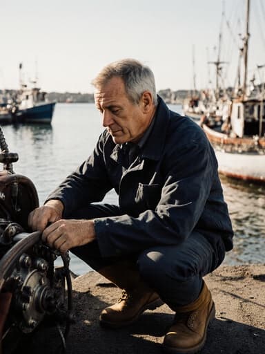 40대 유럽계 남성이 자연스러운 외모로 작업복과 튼튼한 장화를 착용하고 있는 전신 샷. 그는 차분한 표정으로 어선의 기계 부분을 점검하며 신중하고 세심한 동작을 하고 있다. 배경에는 어선들이 작업 중인 항구 모습과 바다가 어우러져 사실적인 해양 환경을 만들어낸다.