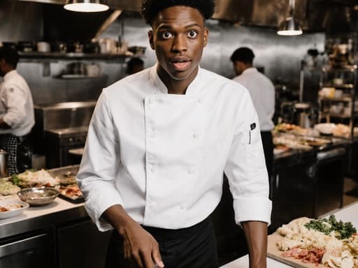 놀란 표정의 10대 후반 흑인 남성 셰프가 활기찬 식당 주방에서 흰색 조리복과 검은색 바지를 입고 조리 도구를 들고 서 있습니다. 배경은 신선한 재료와 역동적인 요리 환경으로 가득 차 있습니다.