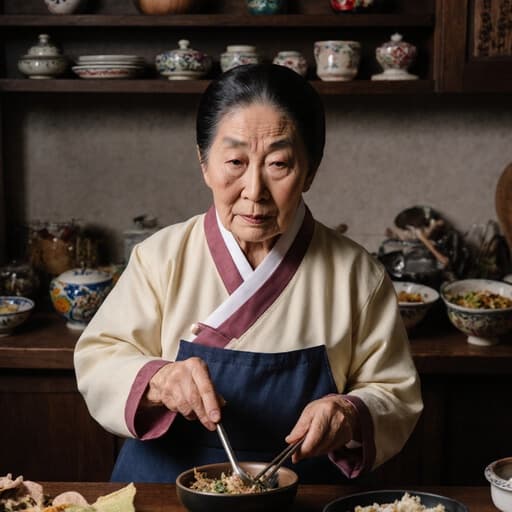 80대 한국인 여성이 전통 한복을 입고 무관심한 표정을 짓고 있는 반신 사진. 그녀는 전통적인 한국 주방에 앉아 음식을 만드는 도구를 쥐고 있으며, 아기자기한 식기와 재료들이 주위를 둘러싸고 있어 한국 문화의 본질을 담고 있습니다.