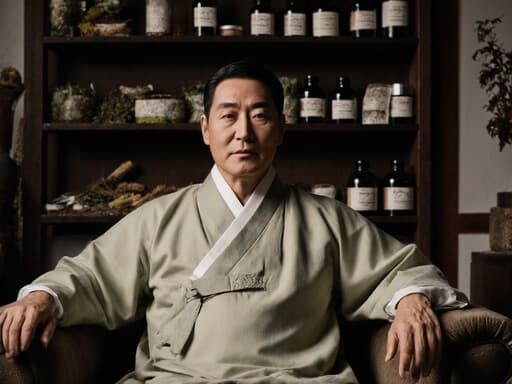 전통 한복을 입은 40대 아시아계 남성이 소파에 편안하게 앉아 평온한 표정을 짓고 있는 반신상입니다. 배경은 여러 가지 전통 한약재가 잘 정리된 한약 조제실로, 평화롭고 아늑한 분위기를 자아냅니다.