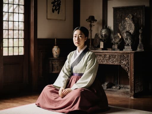 70대 한국인 여성이 전통 한복을 입고, 고급스러운 전통 한국식 거실에서 크로스 레그로 앉아 있는 반신 사진입니다. 무관심한 표정이 깊이를 더하며, 배경은 장면의 문화적 풍요로움을 강조합니다.