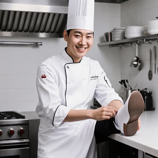 자신감 넘치는 아시아계 10대 남성 모델이 셰프 복에 흰색 앞치마와 셰프 모자를 쓰고 밝게 웃으며 신발을 신는 모습이 담긴 깔끔하게 정리된 주방에서 조리 도구와 조리대가 배치된 모습으로, 즐거운 요리 분위기를 표현합니다.