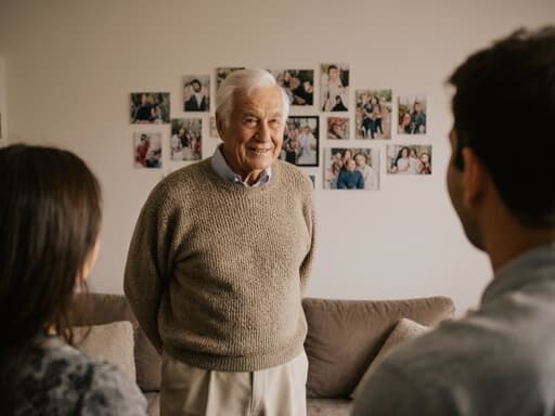 아늑한 거실에 서 있는 80대 혼혈 남성의 반신 사진으로, 편안한 니트와 바지를 착용하고 있습니다. 그는 가족과 대화하며 미소를 지으며 만족스러운 표정을 짓고 있으며, 소파와 가족 사진이 있는 따뜻한 분위기의 장면을 만들어냅니다.