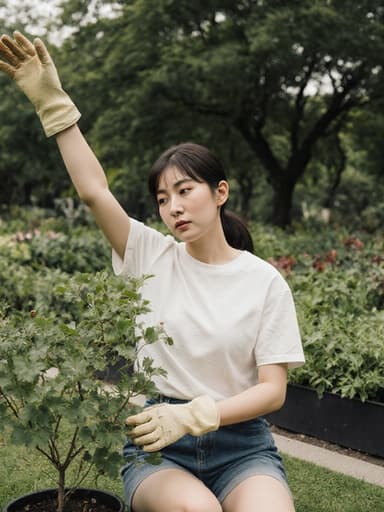 20대 한국인 여성이 편안한 티셔츠와 반바지를 입고, 푸른 공원에서 식물 병충해를 관리하고 있는 모습입니다. 그녀는 무관심한 표정으로 한쪽 팔을 위로 뻗고 다른 손으로 식물에 가벼운 터치를 하며 장갑을 끼고 있습니다. 자연의 평화로운 분위기 속에서 그녀의 모습을 담고 있습니다.