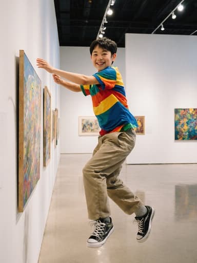 자신감 넘치는 10대 초반의 한국인 남성이 컬러풀한 티셔츠와 편안한 바지, 트렌디한 스니커즈를 착용하고, 현대적인 전시실의 그림을 향해 기쁘게 점프하는 모습. 다양한 그림들이 벽에 걸려 있어 장면의 생동감을 더하고 있습니다.