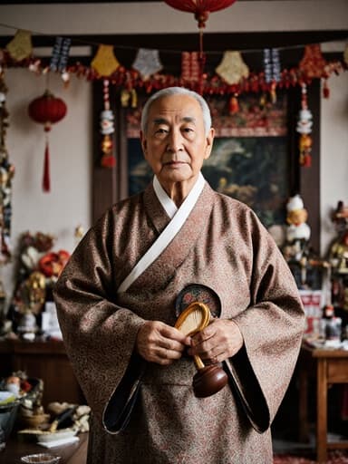 차분한 표정의 70대 아시아계 남성이 전통 한복을 입고 아름답게 장식된 거실에서 작은 전통 악기를 들고 서 있습니다. 그의 주변의 축제 장식이 기념 행사 의 분위기를 강조합니다.