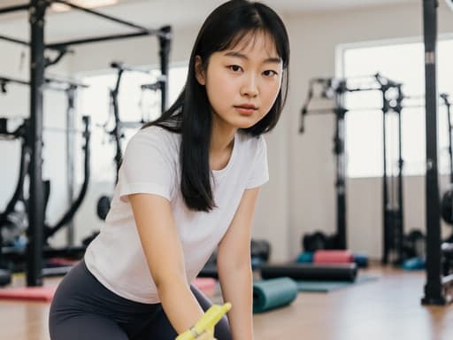이 이미지는 운동복을 입은 젊은 아시아계 소녀가 청소 도구를 들고 체육관 바닥을 청소하는 모습입니다. 배경에는 다양한 운동 기구가 배치되어 있어 생동감 있으면서도 차분한 분위기를 자아내며, 피트니스 공간의 청결함의 중요성을 강조합니다.