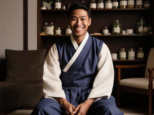 이 이미지는 전통 한복을 입고 편안하게 앉아 행복하게 미소 짓고 있는 20대 흑인 남성을 보여주며, 아늑한 한의 상담실의 따뜻하고 초대하는 분위기를 연출합니다.