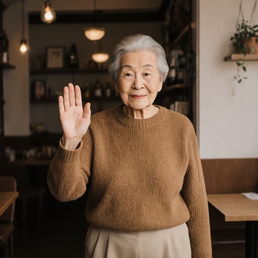 80대 한국인 여성의 반신 샷으로, 자연스러운 외모를 가진 그녀는 따뜻한 색상의 니트 스웨터와 편안한 바지를 착용하고 있습니다. 차분한 표정을 지으며 가족을 맞이하는 기분을 나타내고, 손을 흔들며 친근하게 인사하는 모습입니다. 배경은 아늑한 카페 내부로, 가족과 함께 시간을 보내기에 좋은 분위기를 자아냅니다.