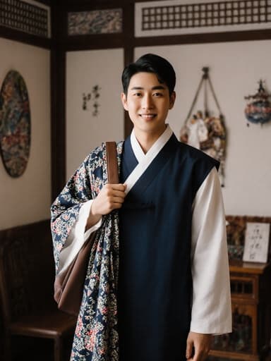 전통 한복 스타일의 의상을 입은 20대 아프리카계 남성 모델이 한의 상담을 준비하며 매력적이고 자신감 넘치는 표정을 짓고, 어깨에 가방을 메고 있는 모습이 전통 장식으로 꾸며진 아늑한 상담실 배경 속에 담겨 있습니다.