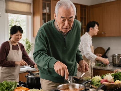 70대 아시아계 남성이 편안한 트레이닝복을 입고 요리 준비를 하며 달려가는 모습의 중간 샷입니다. 주방은 가족들이 함께 요리하는 모습으로 북적거리고 있어 따뜻하고 친근한 분위기를 만들어냅니다. 남성의 자연스러운 외모와 걱정스러운 표정은 사랑하는 사람들을 위해 요리하는 기쁨과 걱정을 강조하며 가족의 유대감과 요리 준비의 조화를 보여줍니다.