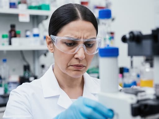 40대 중동계 여성이 화이트 실험복과 안전 안경을 착용하고, 실험 기구를 주의 깊게 살펴보며 걱정스러운 표정을 짓고 있는 반신 촬영입니다. 현대적인 연구실 배경에는 다양한 화학 물질과 실험 장비가 배치되어 있어 과학적 탐구의 분위기를 더하고 있습니다.