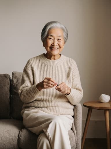 70대 동양인 여성의 반신 샷으로, 편안한 니트 스웨터와 면 바지를 입고 바느질 도구를 손에 들고 친근한 표정을 짓고 있습니다. 아늑한 거실에서 소파와 작은 테이블이 배치되어 있어 편안하고 따뜻한 분위기를 자아내고 있습니다.