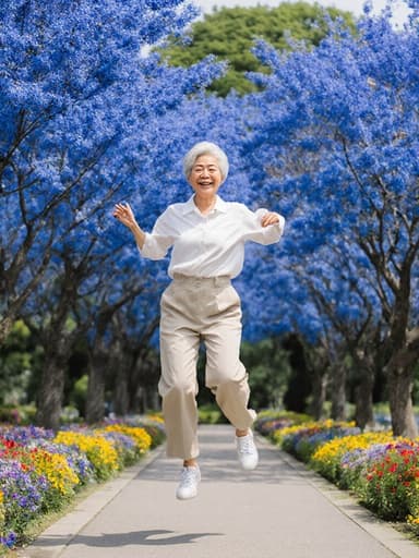 60대 한국인 여성이 편안한 캐주얼 의상을 입고, 푸른 나무와 꽃들이 있는 공원에서 행복하게 점프하는 모습의 전신 사진, 평온하고 기쁜 감정을 발산하고 있습니다.