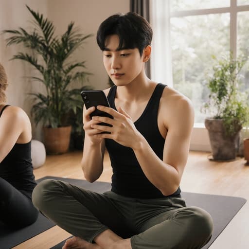 아늑한 요가 스튜디오에 서 있는 10대 후반의 한국 남성이 편안한 요가복을 입고 있습니다. 그는 한 손에 전화기를 들고, 다른 손은 요가 자세로 우아하게 뻗고 있으며, 부드러운 조명과 식물들이 배경을 이루어 차분하고 편안한 표정을 짓고 있습니다.