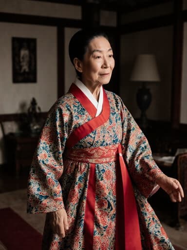 자연스러운 외모를 가진 70대 동양인 여성이 화려한 전통 한복을 입고 손을 자연스럽게 흔들며 달리는 자세를 취하고 있는 전신 샷, 전통적인 장식이 가득한 아늑한 거실 배경과 함께 문화유산의 아름다움을 전달합니다.