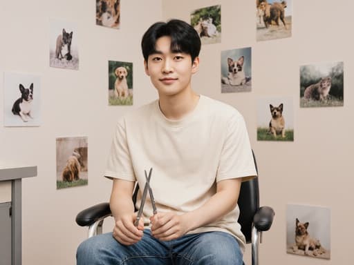 수의사 진료소에 앉아 있는 10대 초반 한국인 남성의 반신 샷. 청바지와 밝은 티셔츠를 입고 수의사 도구를 들고 있으며, 친근한 표정과 동물 사진이 걸린 배경이 어우러져 있습니다.