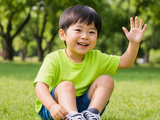 귀엽고 활발한 3세 아시아계 남자아이가 밝은 색상의 티셔츠와 반바지, 스니커즈를 착용한 반신 샷입니다. 그는 한 손으로 신발 끈을 조이며 다른 손으로는 인사하는 모습으로 즐거운 표정을 지으며 신발과 즐겁게 상호작용하고 있습니다. 배경은 푸르른 나무와 잔디가 있는 공원으로, 활기차고 장난기 넘치는 분위기를 만들어냅니다.