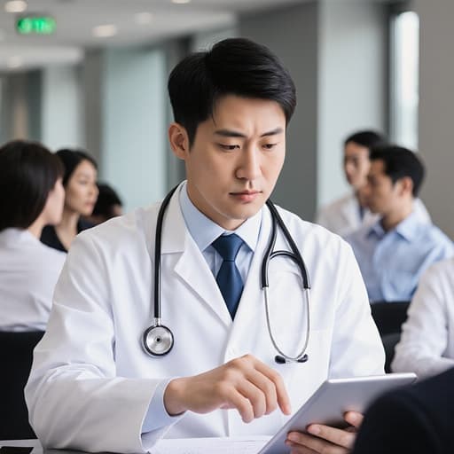 30세 아시아계 남성 의사가 의사 가운을 입고 청진기를 걸친 채 긴장하지만 집중한 표정으로 회의 중입니다. 그는 문서나 태블릿을 보며 소통하고 있으며, 병원 복도를 배경으로 전문적인 분위기가 느껴집니다.