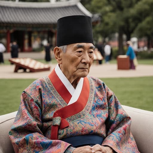 70대 동양인 남성이 전통 한복을 입고 소파에 편안하게 앉아 지루한 표정을 짓고 있는 반신 샷입니다. 배경은 전통 놀이가 진행되는 활기찬 공원을 보여주며, 문화와 감정이 조화를 이루는 장면을 만들어냅니다.