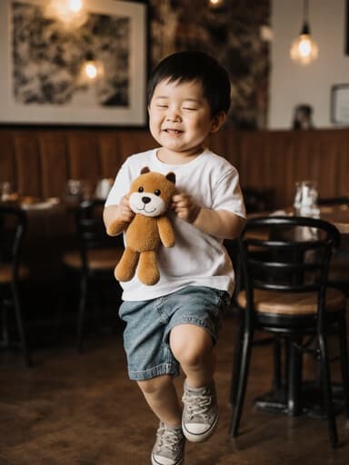 3세 아시아계 남자 어린이가 편안한 티셔츠와 반바지를 입고, 졸린 표정으로 눈을 반쯤 감고 인형을 들고 점프하는 전신 사진입니다. 배경에는 아늑한 카페의 테이블과 의자가 보이며, 어린 시절의 매력을 강조하는 따뜻하고 초대하는 분위기를 자아냅니다.