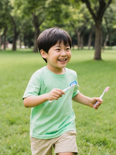 즐거워하는 표정의 7세 남성 동양인 소년이 밝은 색상의 티셔츠와 반바지를 입고, 공원에서 칫솔을 들고 걸어가고 있습니다. 그의 활짝 웃고 있는 모습은 행복을 나타내며, 푸른 잔디와 나무가 있는 자연 풍경 속에서 구강 위생의 재미를 강조합니다.