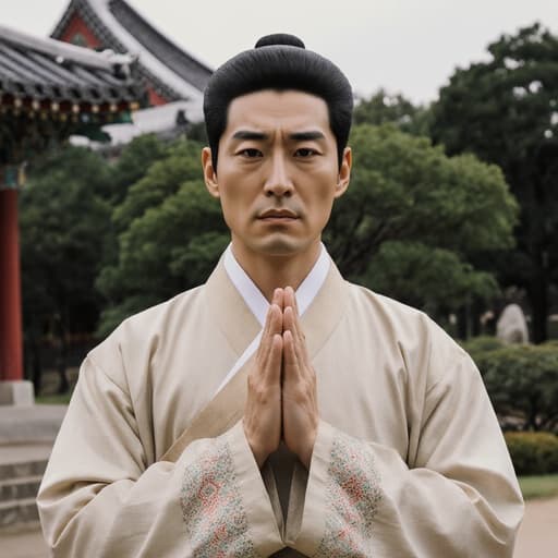 70대 한국 남성의 반신 사진으로, 자연스러운 외모를 가진 전통 한복을 착용하고 있습니다. 그는 정중한 인사를 하며 약간 숙인 자세로 서 있습니다. 배경은 전통적인 한국 정원이 있는 공원으로, 문화적 본질을 강조합니다. 남성의 표정은 다소 지루하여, 생기 넘치고 평화로운 환경과 흥미로운 대조를 이룹니다.