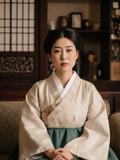 전통 한복을 입은 30대 한국인 여성이 한방 치료실의 소파에 편안하게 앉아 있는 반신 사진. 그녀는 자연스러운 외모와 무관심한 표정을 지으며, 전통적인 치유의 요소들로 둘러싸여 있다.