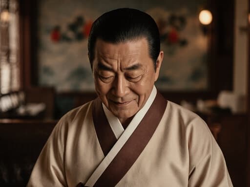 80세 혼혈 남성이 전통적인 한복을 입고, 부드러운 미소를 지으며 고개를 숙여 정중하게 인사하는 반신 촬영 모습. 아늑한 카페 내부에 전통적인 장식이 어우러져 따뜻하고 평온한 분위기를 전달합니다.