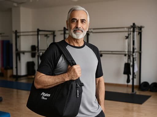 60대 중동계 남성이 편안한 필라테스 복장과 운동화를 입고, 필라테스 가방을 어깨에 멘 채 자신감 있게 서 있는 반신 사진입니다. 배경은 운동 매트와 장비가 잘 정리된 깔끔한 필라테스 스튜디오로, 편안하고 동기를 부여하는 분위기를 자아냅니다.