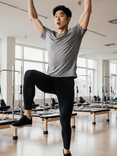 20대 한국인 남성이 편안한 필라테스 운동복을 입고, 건강하고 자연스러운 외모로 전체 몸이 나오는 샷입니다. 당황한 표정으로 눈이 크게 뜨이고 입술이 살짝 벌어진 모습으로 점프하며 팔을 위로 쭉 뻗고 다리는 활짝 벌려져 있는 모습입니다. 배경은 밝고 깨끗한 운동실로, 다양한 필라테스 기구들이 배치되어 있어 운동 테마를 강조하는 역동적이고 매력적인 분위기를 만들어냅니다.