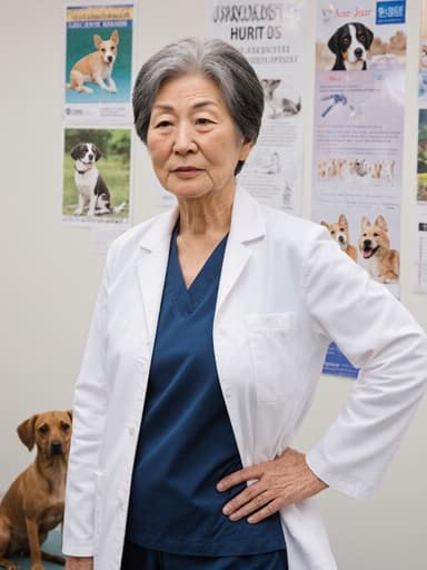 60대 아시아계 여성 수의사가 의사 가운과 편안한 운동복을 착용하고 한 손으로 허리를 잡고 스트레칭하는 모습의 반신 사진입니다. 피곤한 표정을 짓고 있으며, 동물 포스터가 있는 깨끗한 수의사 사무실을 배경으로 하고 있어 그녀의 헌신과 직업의 도전 과제를 반영합니다.