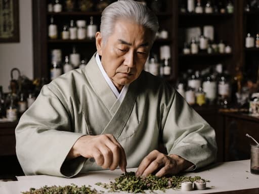 50대 한국인 남성이 중간 길이의 흰 머리를 하고 전통 한복 스타일의 의사 가운을 입고 있는 반신 초상입니다. 그는 진중한 표정을 지으며 책상 위의 한약재를 살펴보며 전통 한약을 조제하는 데 집중하고 있습니다. 배경은 깔끔하고 정돈된 한약 조제실로, 다양한 한약재와 도구들이 있어 진Authentic하고 평화로운 분위기를 자아냅니다.