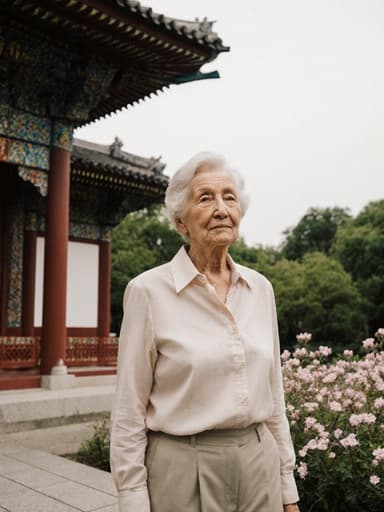 70대 백인 여성이 자연스러운 외모로 조용한 공원에 서 있는 전체 신체 샷입니다. 주변에는 나무와 피어나는 꽃들이 있습니다. 그녀는 편안한 캐주얼 의상인 연한 색상의 블라우스와 바지를 착용하고 있습니다. 여성이 전통 건축물을 바라보며 약간 지루한 표정을 짓고 있어, 이미지에 고요하면서도 약간 무관심한 분위기를 만들어냅니다.