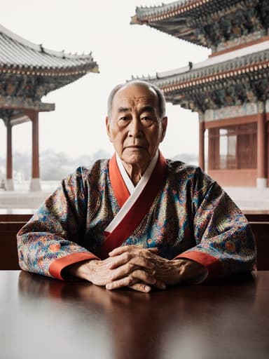 80대 동양인 남성이 전통 한복을 입고 회의실 테이블에 앉아 피곤한 표정을 짓고 있는 반신 촬영. 회의실은 전통 건축 요소로 구성되어 있어, 주제의 지혜와 문화유산을 강조하는 차분하고 반영적인 분위기를 만들어냅니다.
