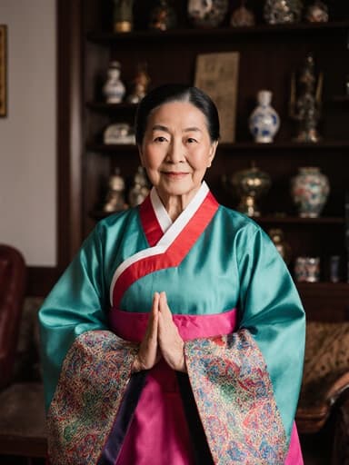 70대 한국인 여성이 자연스러운 외모를 지니고 화려한 색상과 패턴의 전통 한복을 착용한 전신 사진입니다. 그녀는 우아하게 서서 전통 춤을 추기 위해 준비하고 있으며, 편안함과 평온함을 표현하는 부드러운 미소를 띠고 있습니다. 아늑한 거실 배경은 한국적인 소품들로 가득 차 있어 분위기를 더욱 돋보이게 하며, 모델과 의상, 배경이 조화를 이루어 매력적인 장면을 만들어냅니다.