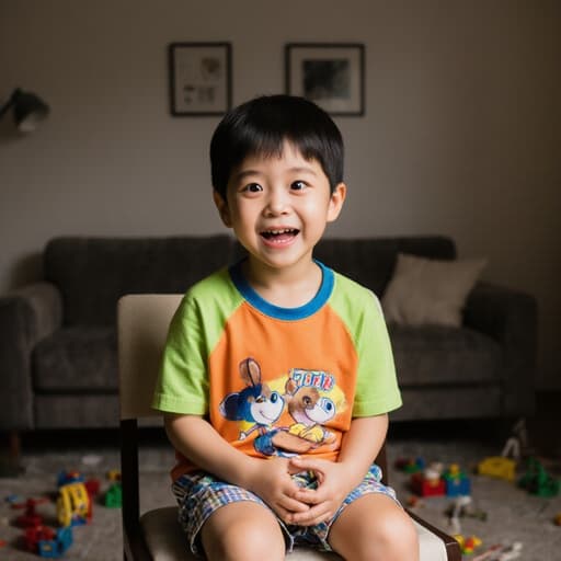 아늑한 거실에 앉아 있는 귀여운 7세 한국인 남성의 반신 사진입니다. 그는 밝은 색상의 티셔츠와 반바지를 입고 있으며, 배고픈 표정으로 눈을 크게 뜨고 손으로 배를 감싸고 있습니다. 소파와 장난감이 있는 아늑한 배경이 따뜻하고 초대하는 분위기를 만들어냅니다.
