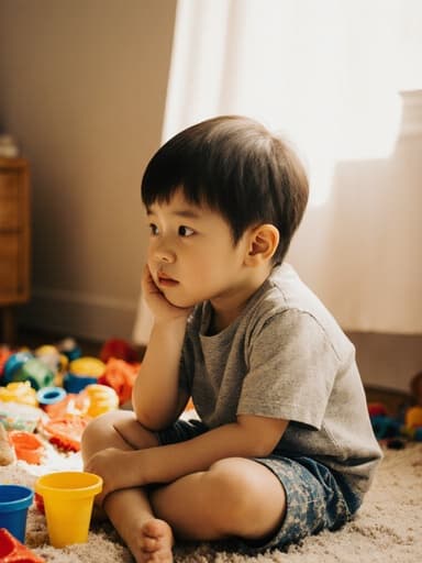 3세 남성 아시아계 아이가 편안한 티셔츠와 반바지를 입고 손으로 턱을 괴고 지루한 표정을 짓고 있는 반신 사진. 옆에는 모래놀이 장난감이 있지만 관심을 보이지 않으며, 햇살이 들어오는 아늑한 거실과 흩어진 장난감들이 따뜻하고 초대하는 분위기를 만들어냅니다.