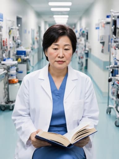 50대 아시아계 여성이 의사 가운과 간편한 의상을 입고, 응급실의 청결한 복도에서 책을 읽고 있는 모습을 반신 촬영으로 담아내어 평온하고 안정감을 주는 모습을 보여줍니다.
