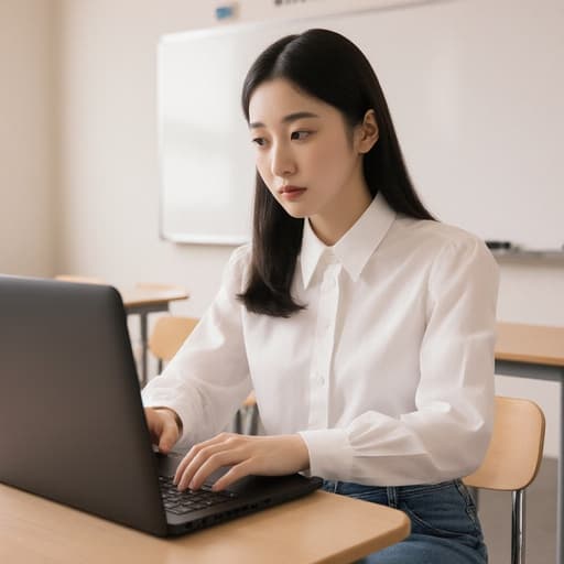 한 초등학생 한국 소녀가 흰색 블라우스와 청바지를 입고 현대적인 교실의 책상에 앉아 있습니다. 그녀는 노트북 앞에서 집중하며 고급스러운 표정을 지으며 타이핑하고 있습니다. 세련된 학습 환경에 둘러싸여 있습니다.