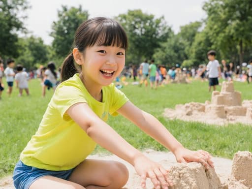 이 이미지는 밝은 색상의 반팔 티셔츠와 반바지를 입고 장난스럽게 손을 뻗어 모래성을 만들고 있는 7세 한국인 여자아이를 묘사하고 있습니다. 그녀의 뒤에는 푸르른 잔디와 놀고 있는 아이들이 있는 활기찬 공원 배경이 있어 즐겁고 생동감 넘치는 분위기를 더합니다.
