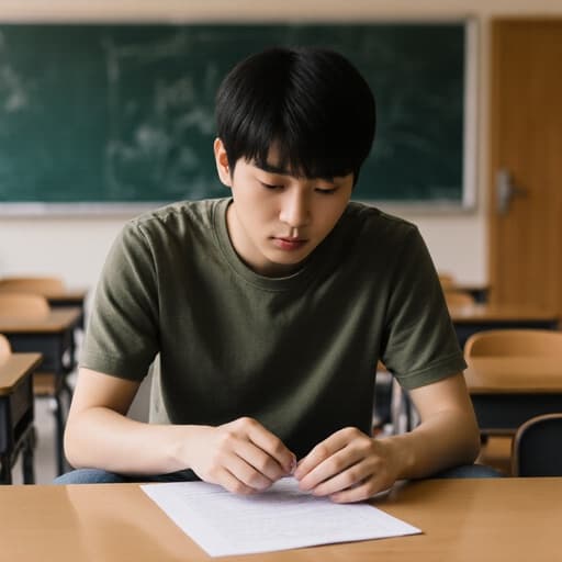초등학생 아시아계 남성이 편안한 티셔츠와 청바지를 입고 자연스러운 외모로 반신 촬영된 모습입니다. 그는 차분한 표정으로 테이블 위에 놓인 시험지에 집중하며 신발 끈을 묶고 있는 자세입니다. 배경은 따뜻한 분위기의 교실로 칠판과 책상이 배치되어 있어 집중과 학습의 느낌을 더합니다.