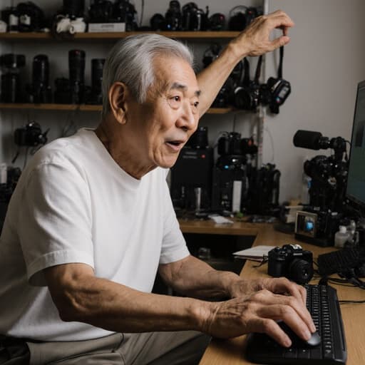 60대 한국인 남성이 사진을 편집하며 당황한 표정을 짓고 있는 반신 촬영 모습. 편안한 티셔츠와 바지를 착용하고 있으며, 다양한 카메라와 장비가 정리되어 있는 사진 작업실에서 스트레칭하는 자세를 취하고 있습니다.