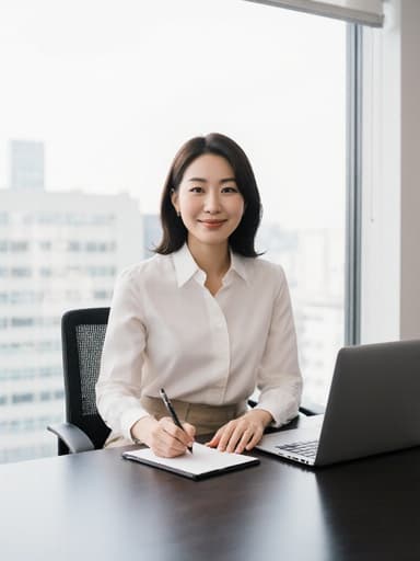 30대 한국인 여성이 현대적인 회의 테이블에 앉아 편안한 블라우스와 슬랙스를 입고 자연스럽게 미소를 지으며 노트북을 바라보며 메모를 하고 있습니다. 현대적인 사무실 환경에서 전문적이고 편안한 분위기를 자아내고 있습니다.