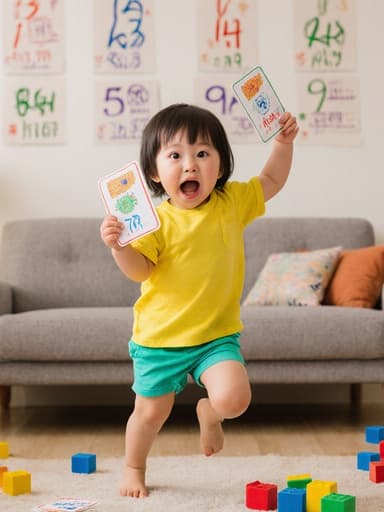 귀여운 외모를 가진 3세 동양인 여아가 밝은 색상의 티셔츠와 반바지를 입고 있는 전신 사진입니다. 그녀는 배고픈 표정을 지으며 눈을 크게 뜨고 입을 오므린 채, 숫자가 적힌 카드를 들고 즐겁게 점프하고 있습니다. 아늑한 거실 배경에는 숫자 포스터와 색색의 블록들이 흩어져 있어 장난기 가득한 분위기를 연출하고 있습니다.