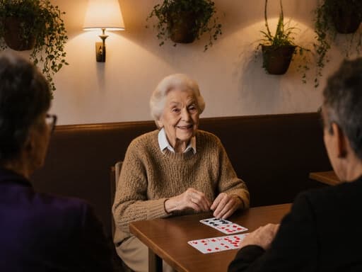 80대 유럽계 여성의 반신 사진으로, 자연스러운 외모를 가진 그녀가 아늑한 카페 테이블에서 카드 게임에 집중하며 고마운 미소를 짓고 있습니다. 따뜻한 조명과 장식된 식물들이 배경의 아늑한 분위기를 더해줍니다.